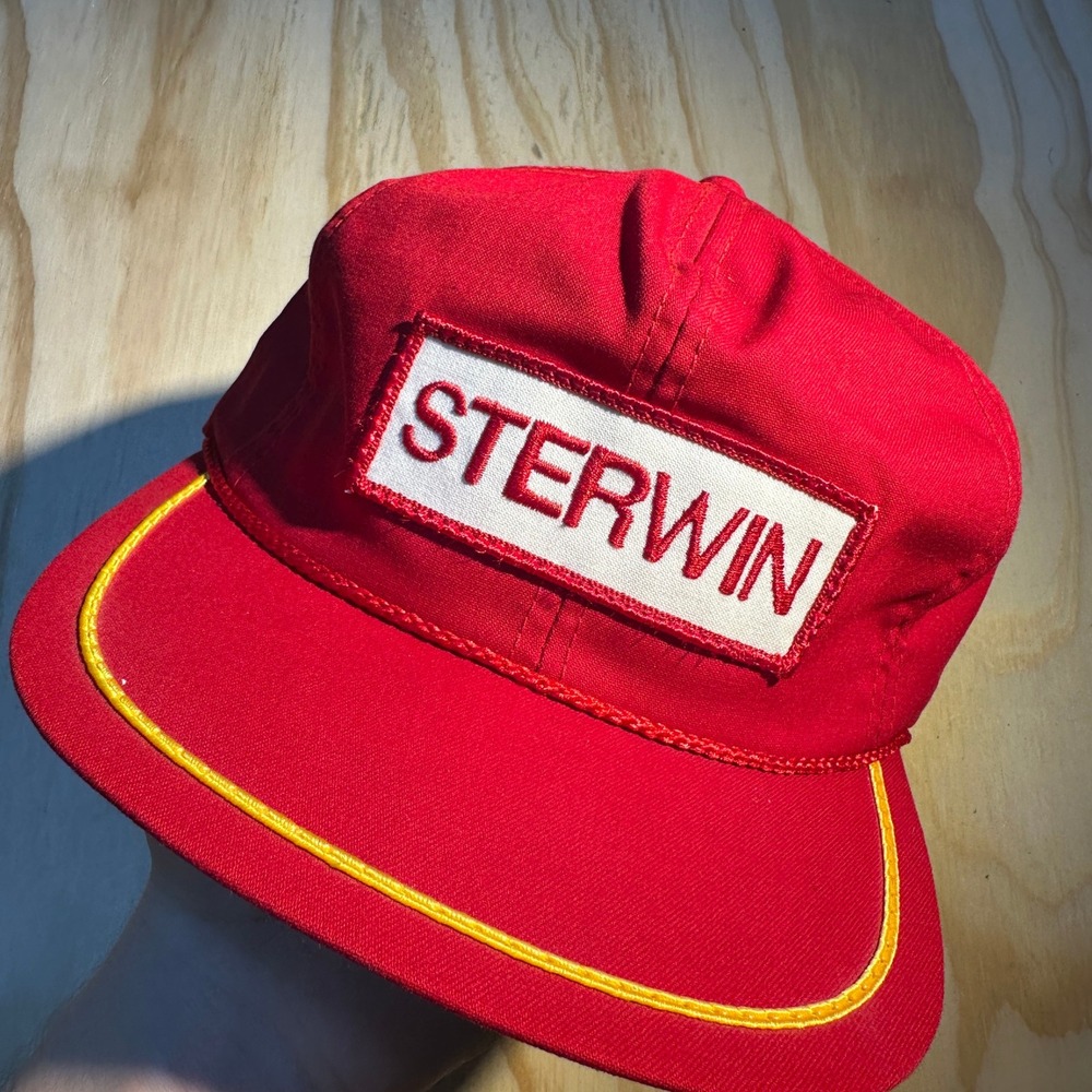 K-Brand Vintage Sterwin Patch Trucker Hat Red Yellow Piping Golf Buckle USA Made